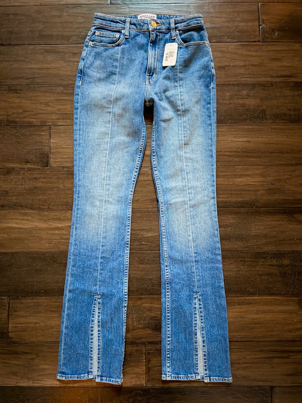 DEREK LAM Chic Pintuck Split Hem Faded Stretch Jeans 25 NWT $348!!